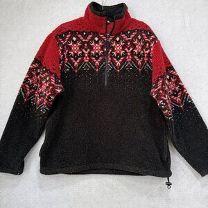 Vintage Columbia Jacket Mens Medium Black Red Fair Isle Fleece 1/4 Zip USA 90s
